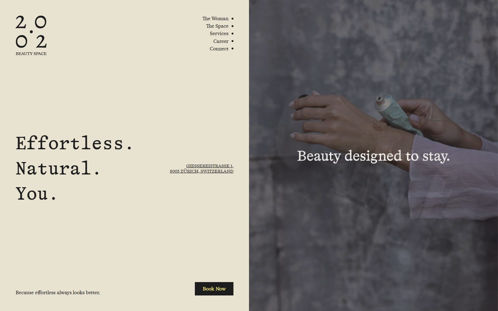 20.02 Beauty Space homepage, cream editorial split hero