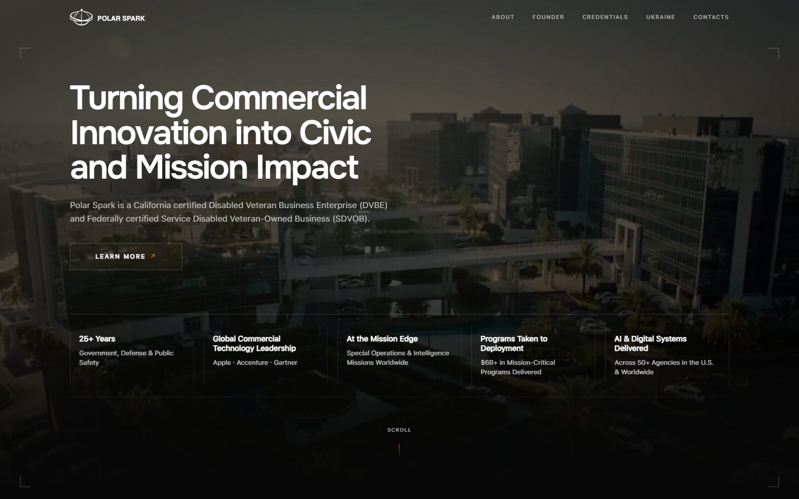 Polar Spark homepage, dark hero over aerial cityscape