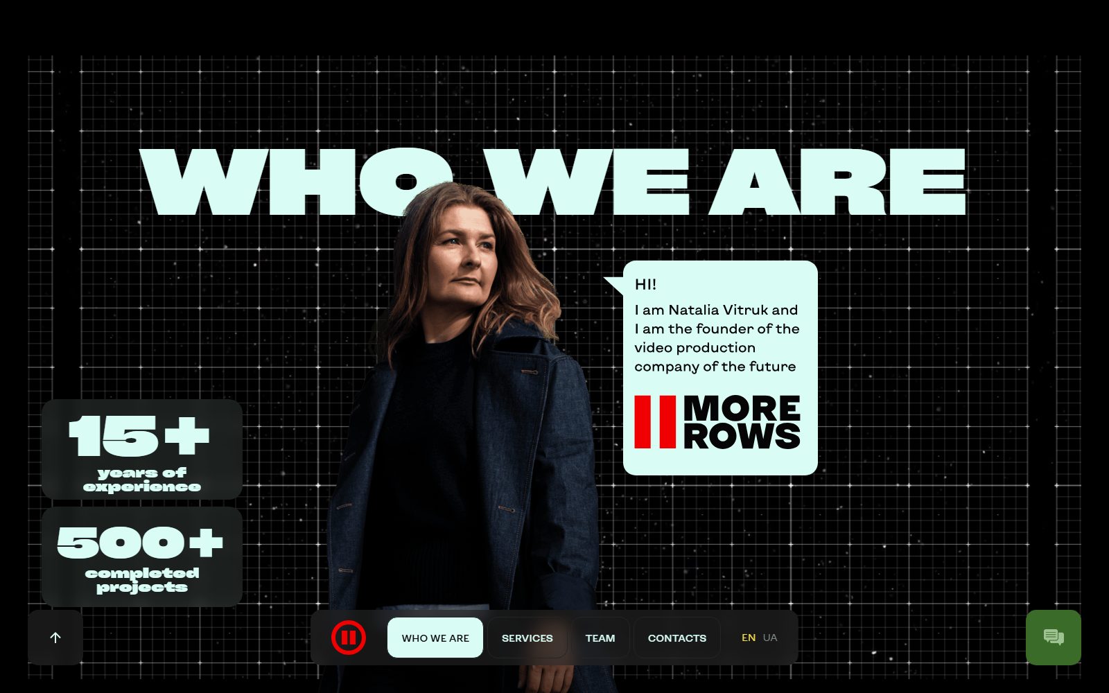 Two More Rows who-we-are section with founder photo and bold typography